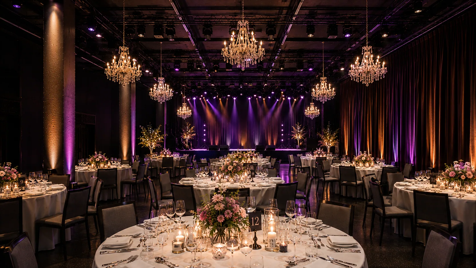 Dinner setup in the Anna Spree hall — wedding venue Berlin